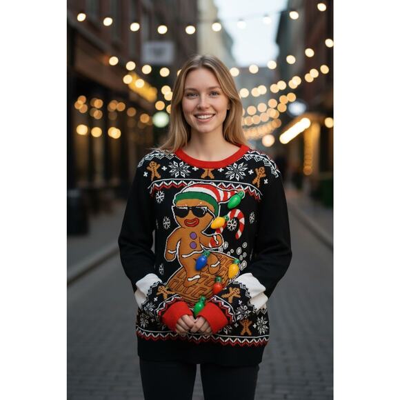 UGLY Gingerbread Christmas Sweater Men's Sz M Black 3D Light Bulbs Office Party - Picture 4 of 16